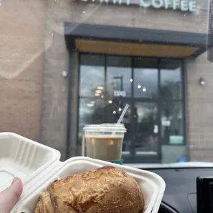 Chocolate croissant and iced caramel latte