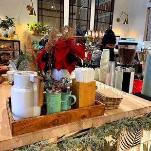 a counter with a variety of items