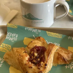 Danish-tomato jam w/ feta cheese and a chai latte with oatmilk