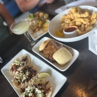 Street tacos, brisket sliders, calamari