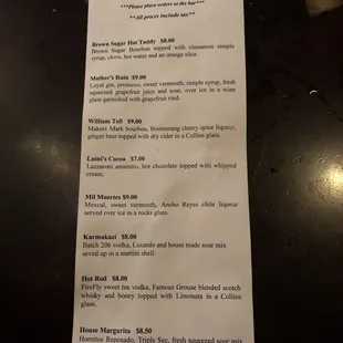 Drink menu