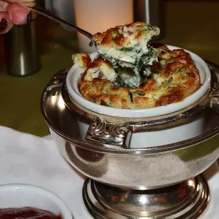The airy soufflé had a rich, warm flavor from the gruyère cheese and roasted garlic.