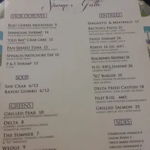 Dinner menu
