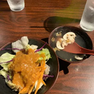 Chicken broth soup with salad with ginger dressing. Excellent!!