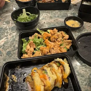 Chicken karage, seaweed salad