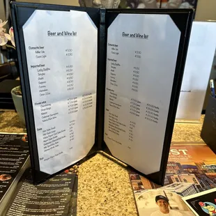 Beer,wine and sake menu