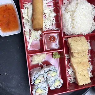 Crappy Tofu bento box,spring rolls ,California rolls
