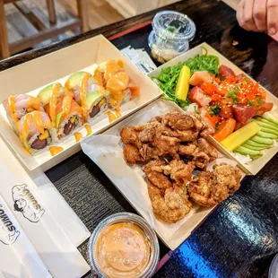 Poke don bowl, Yummy roll, Chicken karaage