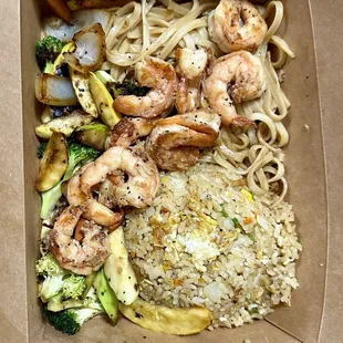 Shrimp Hibachi with veggie fried rice, noodles and mixed vegetables