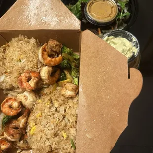 Shrimp hibachi and salad with extra veggie fried rice