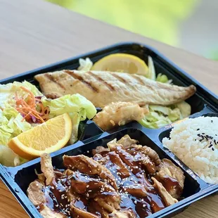 Lunch bento: chicken teriyaki and saba shioyaki