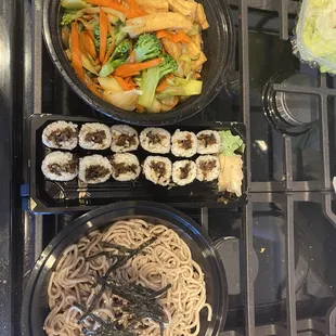 Yaki Yasai (tofu + stir-fried veggies) shiitake maki, zaru soba