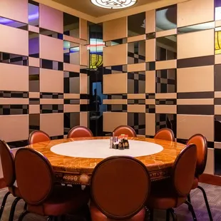 a round table and chairs
