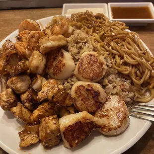 Hibachi Scallops and Shrimp with chicken added on. Amazing!
