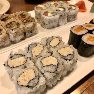 Eel roll, Philly roll, crab meat w/ old bay roll, &amp; salmon roll.