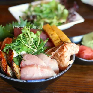 E9. Chirashi don ($34.45) - assortment of fish served over sushi rice. Really generous portions.