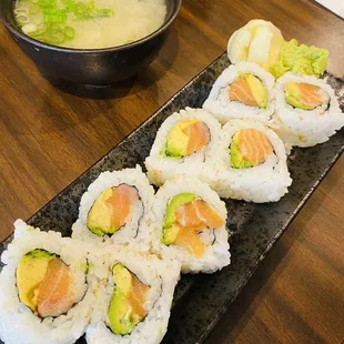 Alaska Roll (Front) and Miso Soup (Back)