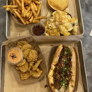 Spicy Bulgugi Cheesesteak, Mac and Cheese Smashburger, Fried Pickles and French Fries