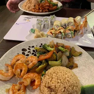 Shrimp hibachi meal, general tso and sushi