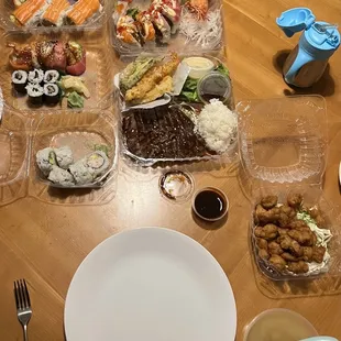 Chicken karaage, shiitake maki, go go, orange blossom, double salmon, sumo special, beef teriyaki bento box (w/ cal roll + tempura).