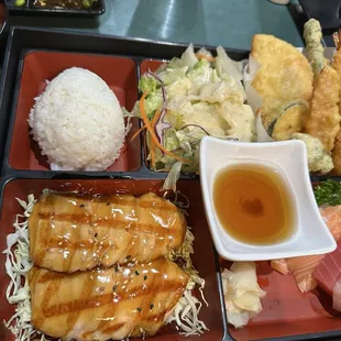 Bento box with salmon teriyaki, &amp;  sashimi