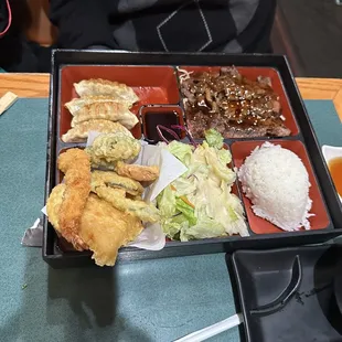 Beef teriyaki,  Tempura &amp; Gyoza Bento