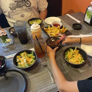 Appetizers of salads, miso soup and crab wangoons are delish!