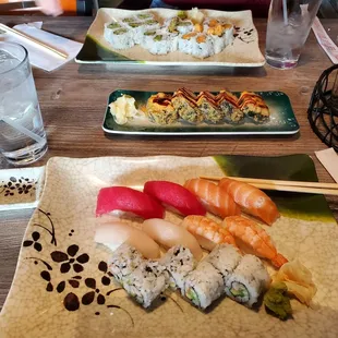 From bottom to top. Sushi Combo features one Cali roll and 8 pieces of Nigiri. Three Musketeer Roll. Veggie Combo Roll.