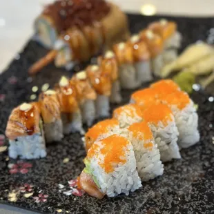 (From left to right) Medusa Roll, Seared Salmon Roll, Washington Roll