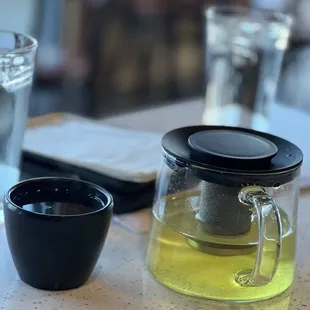 a cup of tea and a teapot on a table