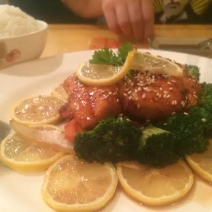 Salmon teriyaki- rubbery skin.. Ew!