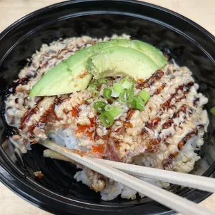 Crunch Donburi (spicy ahi with avocado and crunchy bits)