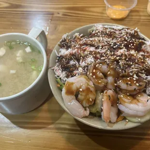 Miso soup. Crab and shrimp salad.