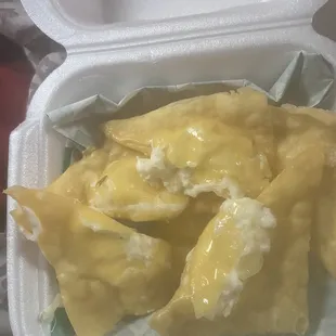 Cold, smashed wontons.