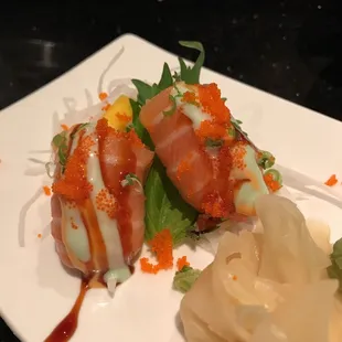 Bite size spicy salmon in a salmon roll. Definitely order the salmon twin if you like salmon. Yum.