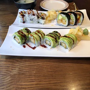 Upper left: eel avocado, upper right: shrimp tempura Roll, bottom: dragon roll