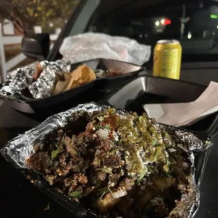 Asada fries, sumo taco