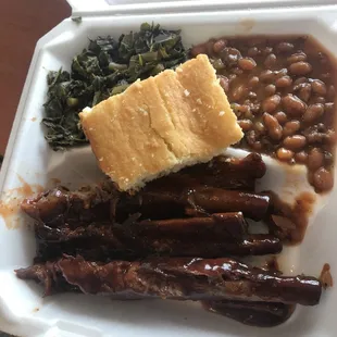Ribs, greens and baked beans