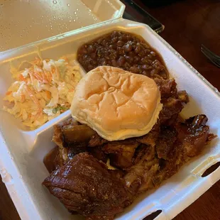 Ribs, beans, slaw, and roll