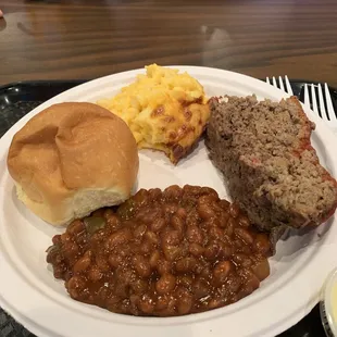 Meatloaf, baked beans, Mac and cheese, and roll