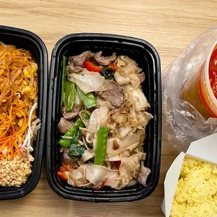 Pad Thai with chicken, Pad Kee Mow with beef, Kabocha Curry with chicken