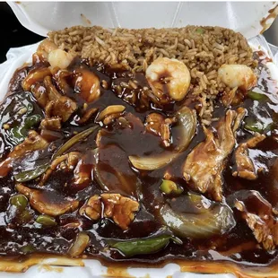 Pepper, steak, and rice