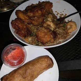 Sesame chicken,shrimp fried rice and egg roll