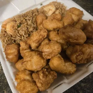 Sweet and sour chicken &amp; shrimp fried rice