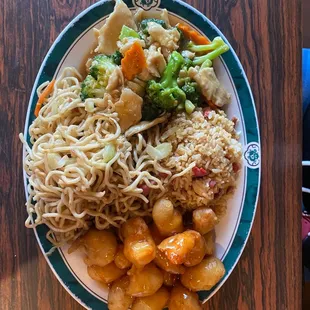 Broccoli chicken, sweet and sour chicken, chow mein and fried rice.