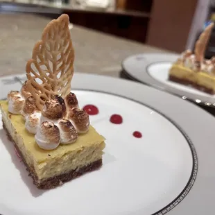 Key lime pie, Italian meringue and raspberry sauce