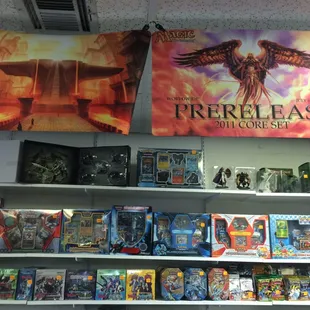 We carry many play mats, pokemon, and cardfight vanguard packs.