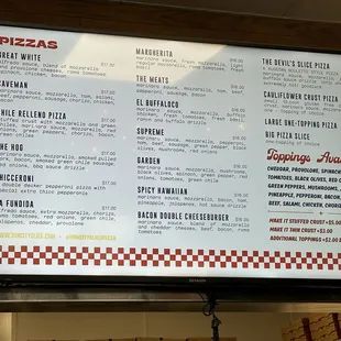 Menu, pizza size for reference