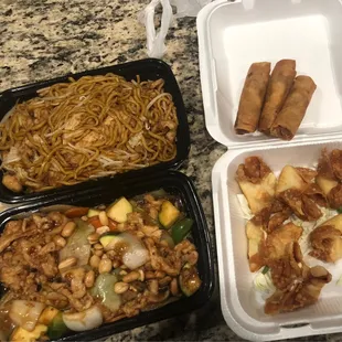 Chicken Lo Mein, Kung Pao Chicken, Spring Rolls &amp; Crab Rangoons