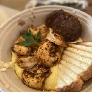 Shrimp and grits with veggie sausage.